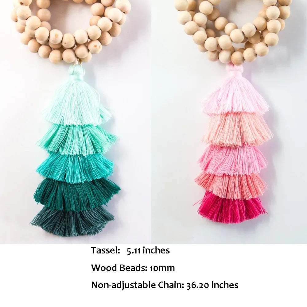 Necklaces Boho 5 Layers Cotton Fringe Tassel Pendant Long Wooden Beads Chain Wood Beads Tassel Pendant Jewelry