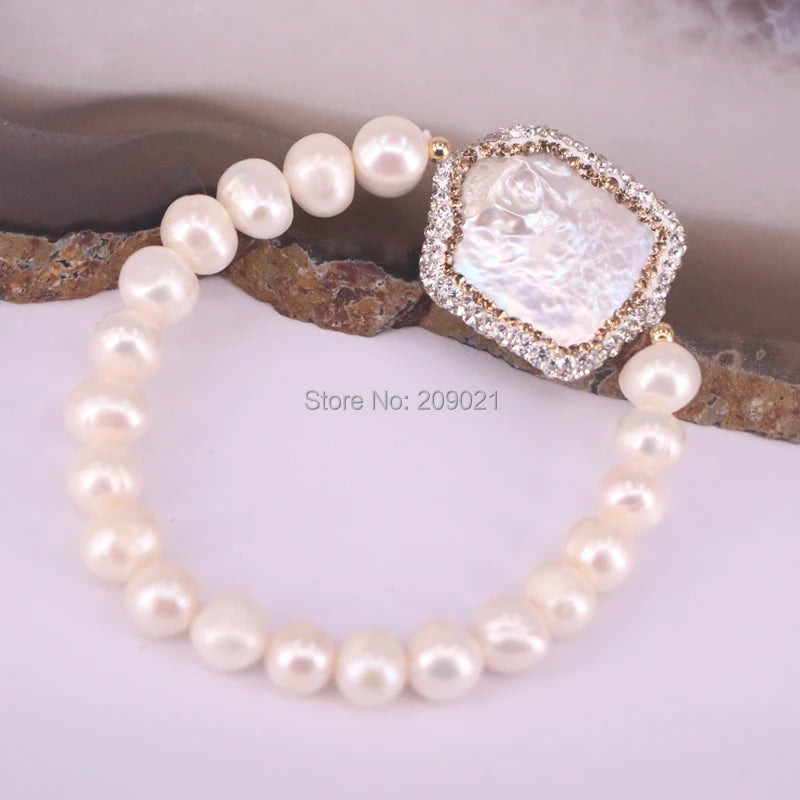 Bracelets Handmade Set For Women 6Pcs Fashion Paved Rhinestone White Freshwater Pearl Strand Jewelry