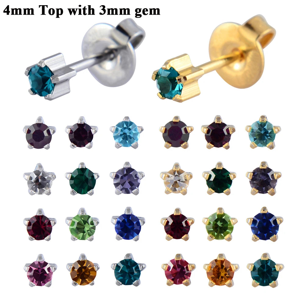 Earrings Women New 24K Gold Plating & Steel Mix Birthstone Cubic Zircon CZ Ear Studs Claw Setting Ear Tragus Cartilage Jewelry