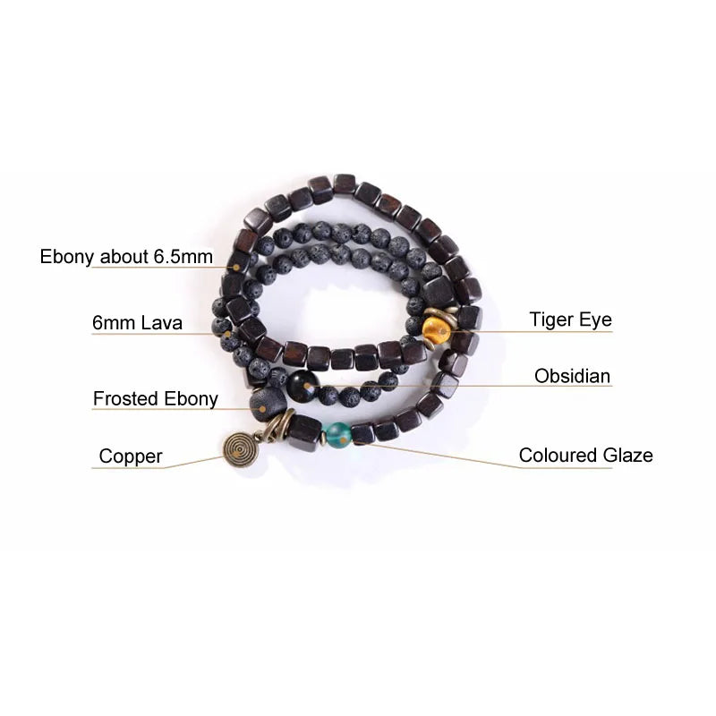 Bracelet Men Handmade Multilayer Natural Lava Stone Black Sanders Ebony Spiritual Bracelets Gift