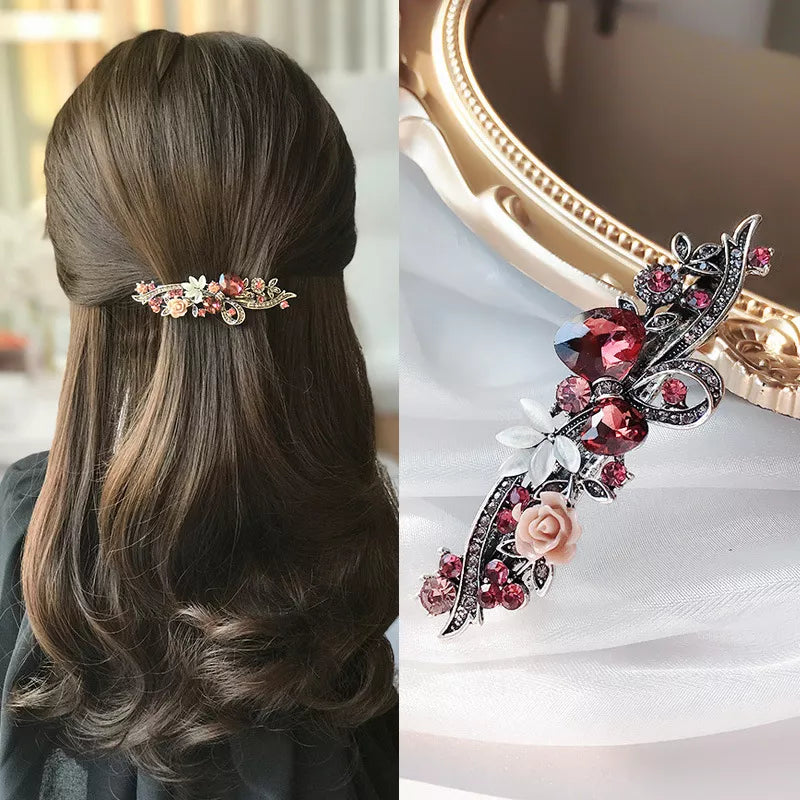 Hairpin For Women Red Crystal Flower Bow Spring Vintage Ink Blue Rhinestone Horizontal Elegant Hair Fashion