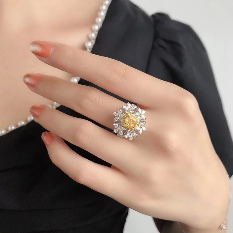 Ring Resizable Women Luxury Yellow Crystal Charm Silver Color Party Fashion Jewelry