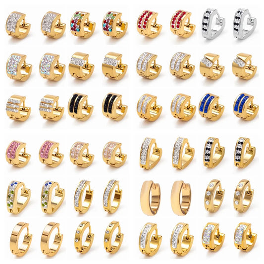 Earrings for Women Men Girls 24 Different Styles White/Colorful Rhinestone Titanium/Stainless Steel Hoop Gold Color Punk Earrings Gifts