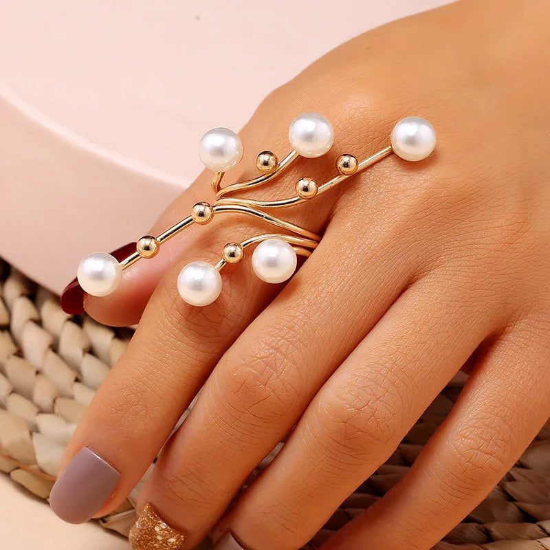 Rings for Women Girls Big Imitation Pearls Gold Color Metal Hollow Exaggeration Design Finger Rings Party Gift