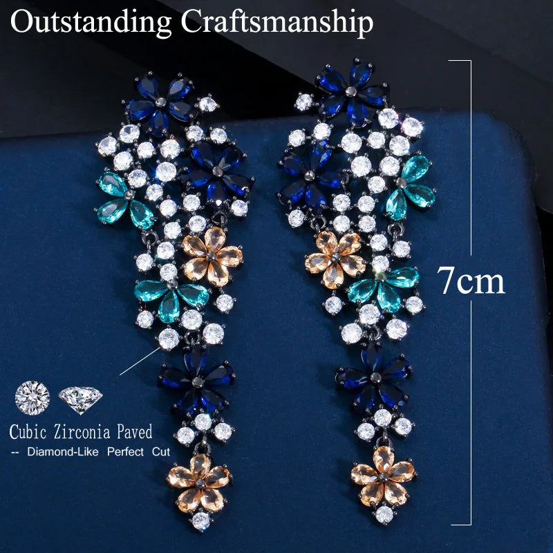 Earrings for Women Fashion Statement Long Drop Flower Multi Color Blue Cubic Zirconia Wedding Party Jewelry Gift