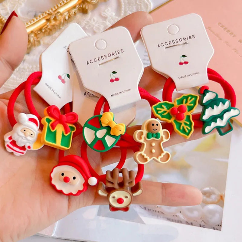 Hair Bands For Girls 2pcs /Set Cute Cartoon Christmas Snowman Santa  Elk Elastic Ponytail Holder Scrunchies Girls Headwear