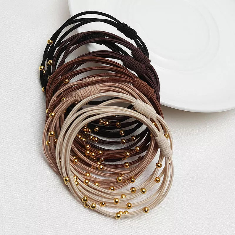 Hair Rubber Bands 10PCS Women Elastic with Golden Plated Beads