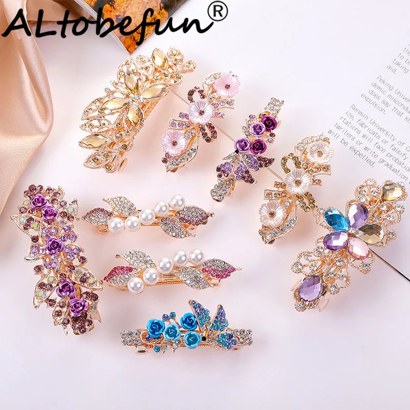 Hair Clips For Women Crystal Floral Leaf Rhinestone Alloy Party  Gift Jewelry