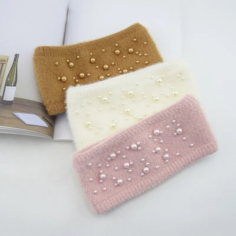 Hairbands Winter Warm Knitted Scattered Pearl Wool Fleece Turban Women