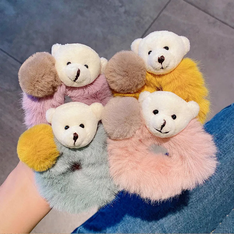 Hair Bands Hair Scrunchies for Women Girls Cute Plush Bear Soft Pompom Elastic Hair Accessories