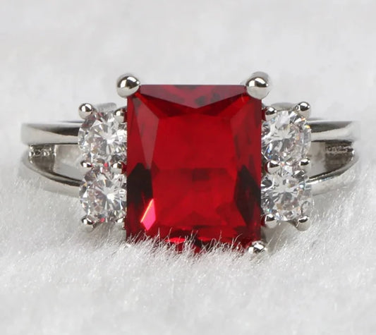 Ring for Women 925 Sterling Silver Rectangle Gemstones Geometry White Red Ruby Zircon