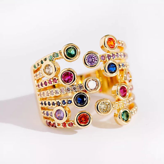 Rings for Women Adjustable Luxury Colorful Zircon Rainbow Crystal Flowers Jewelry Accessories