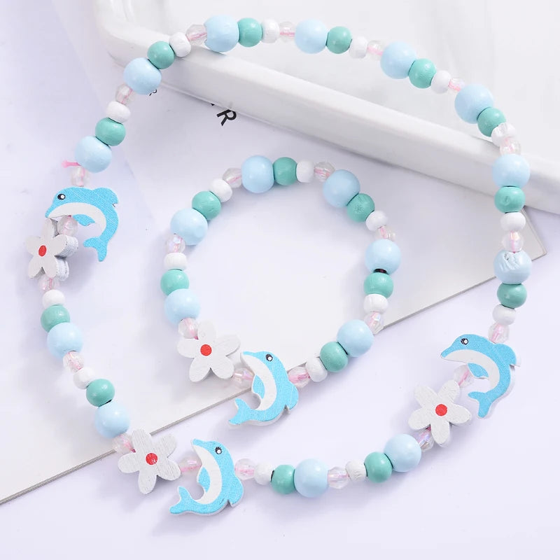 Necklace Bracelet Set Cute Cartoon Wooden Flower Animal Shape Beads Set For Girl's Birthday Gifts Jewelry Accessories