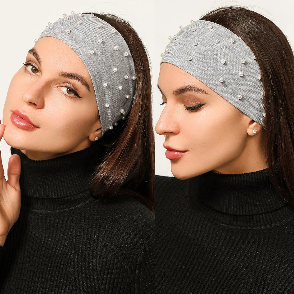 Hair Bands Women Pearls Knitted Turban Bandana