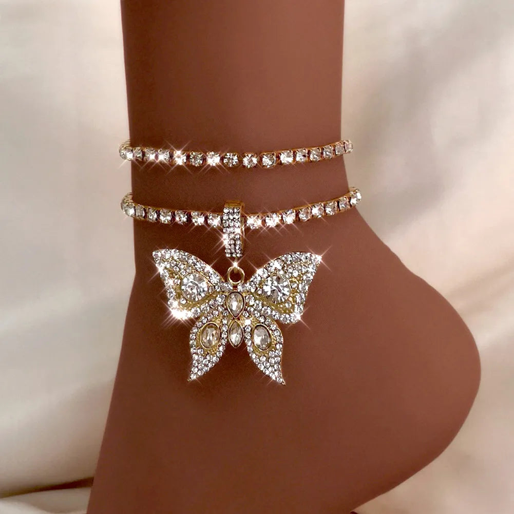 Anklet Iced Out Crystal Rhinestones Multi-layer Butterfly Pendants For Women