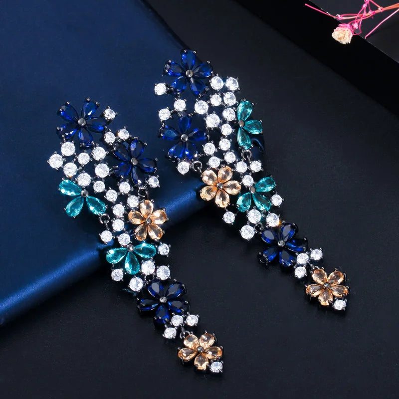 Earrings for Women Fashion Statement Long Drop Flower Multi Color Blue Cubic Zirconia Wedding Party Jewelry Gift