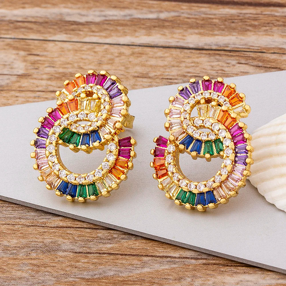 Earring Studs For Women Rainbow Cubic Zirconia Circle Party Round Geometric Fashion Fine Jewelry