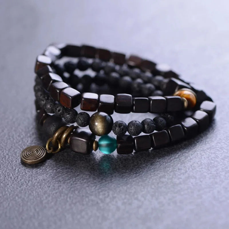 Bracelet Men Handmade Multilayer Natural Lava Stone Black Sanders Ebony Spiritual Bracelets Gift