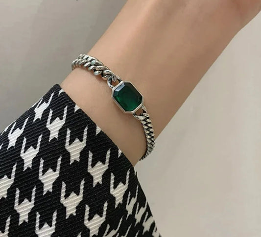 Bracelet for Women Silver Color Trendy Elegant Vintage Simple Green Zircon Party Jewelry Birthday Gifts