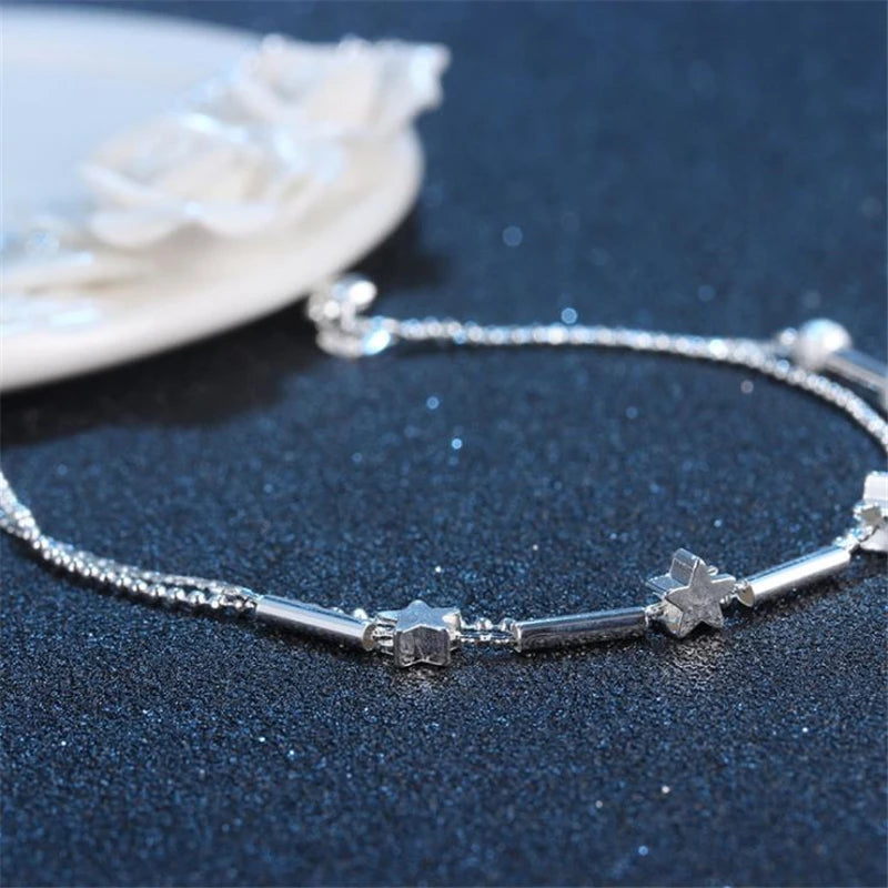 Anklets For Women Fashion 925 Sterling Silver Exquisite Star Tube Ankle Chain Jewelry