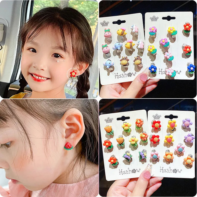 Earrings Studs/Ear Clips 10Pcs/Set New Cartoons Girls Sweet Acrylic non piercing anti-pain