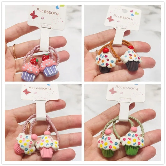 Hair Bands Ponytail Holder Girls Children 2Pcs Lovely Cup Cake Series Animal Scrunchie Hair Accessories