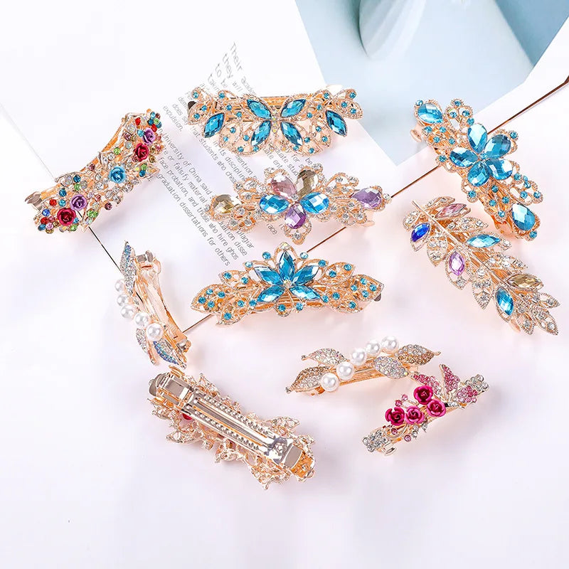 Hair Clips For Women Crystal Floral Leaf Rhinestone Alloy Party  Gift Jewelry