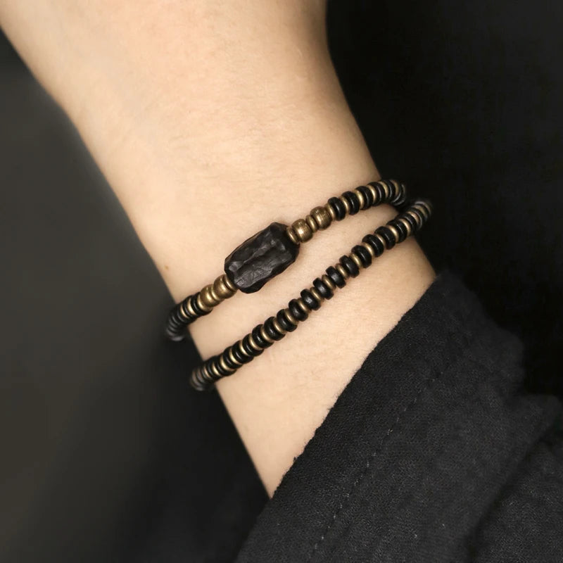 Bracelet Men Multi Layer Ebony Spacer Do Old Copper Concave Convex Black Wood Hand Carved Trendy Jewelry Accessories