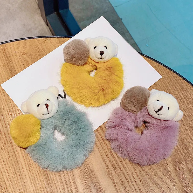 Hair Bands Hair Scrunchies for Women Girls Cute Plush Bear Soft Pompom Elastic Hair Accessories