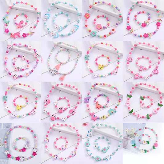 Necklace Bracelet Set Cute Cartoon Wooden Flower Animal Shape Beads Set For Girl's Birthday Gifts Jewelry Accessories