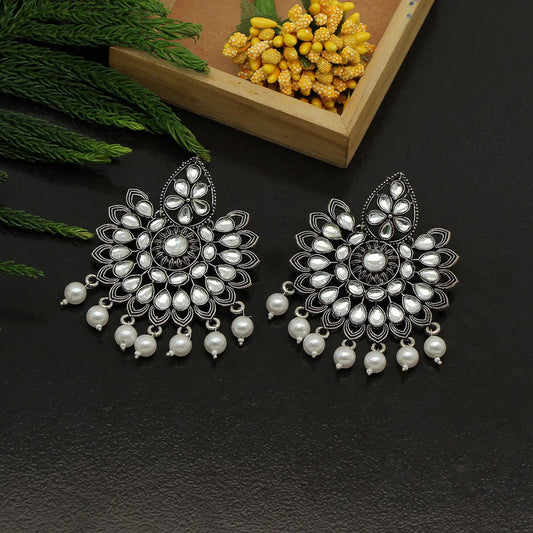 Antique Earrings For Women Girls White Color Black Silver Plated Kundan Imitation Pearls Gift Jewelry