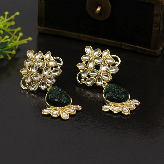 Kundan Earrings For Girls Women Gold Plated Carved Stones Dangle Style Gift Party Jewelry