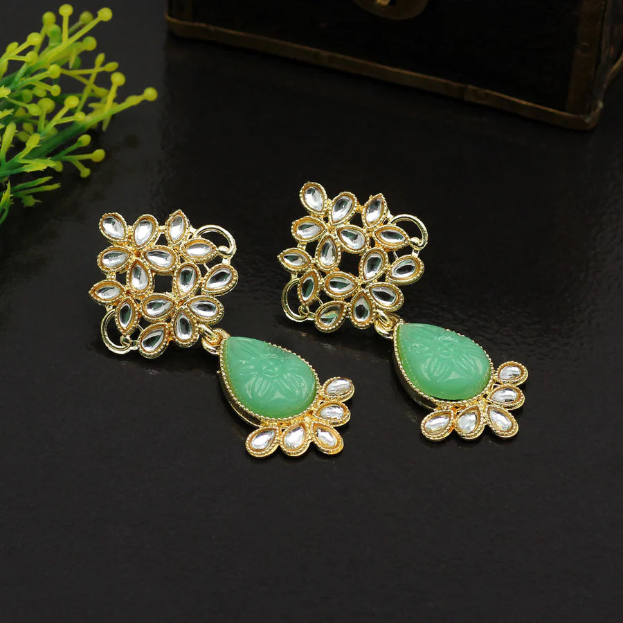 Kundan Earrings For Girls Women Gold Plated Carved Stones Dangle Style Gift Party Jewelry