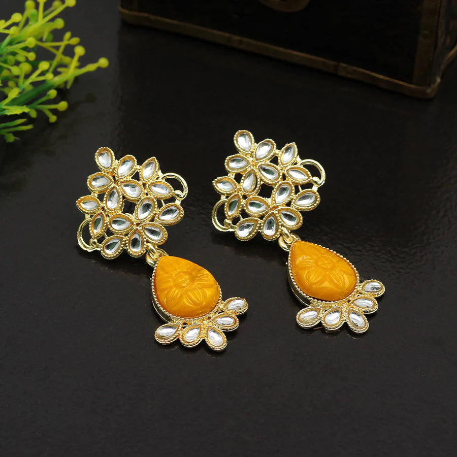 Kundan Earrings For Girls Women Gold Plated Carved Stones Dangle Style Gift Party Jewelry