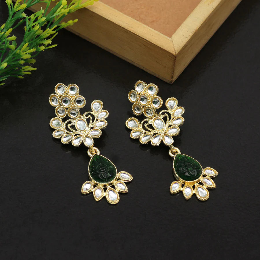 Kundan Earrings For Girls Women Gold Plated Carved Stones Dangle Style Gift Party Jewelry