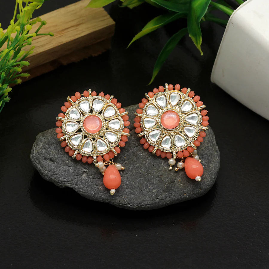 Kundan Stud Earrings For Women Gold Plated Imitation Pearls Hoop Style Party Gift Jewelry