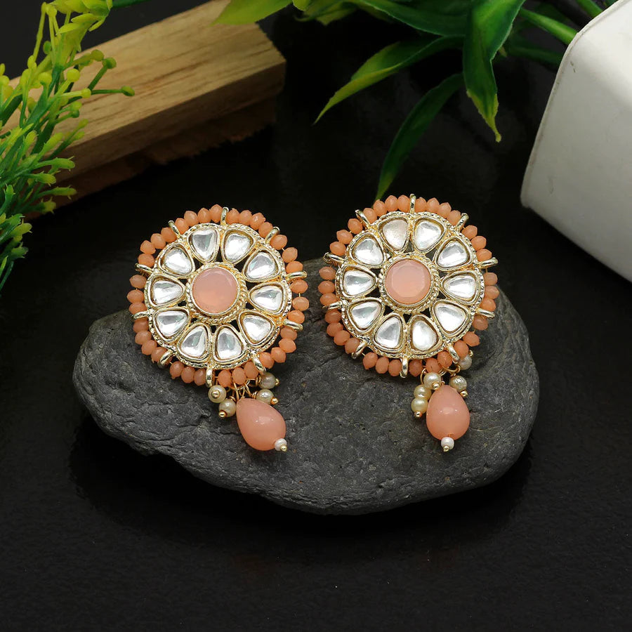 Kundan Stud Earrings For Women Gold Plated Imitation Pearls Hoop Style Party Gift Jewelry