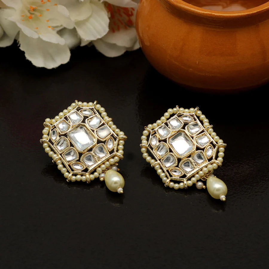 Kundan Stud Earrings For Women Gold Plated Imitation Pearls Hoop Style Party Gift Jewelry