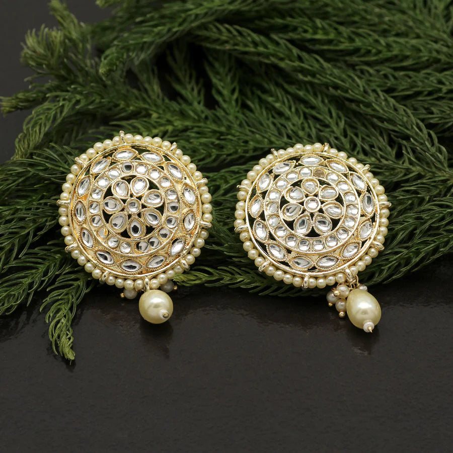 Kundan Stud Earrings For Women Gold Plated Imitation Pearls Hoop Style Party Gift Jewelry