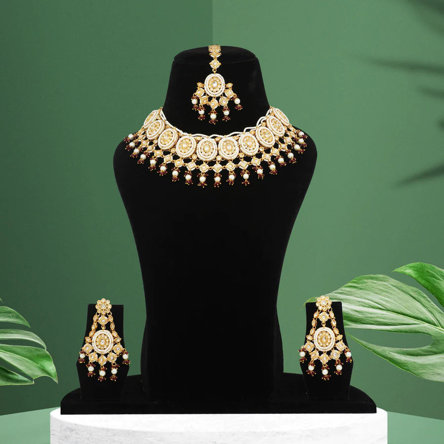 Kundan Bridal Wedding Party Gift Necklace Set Maroon Color