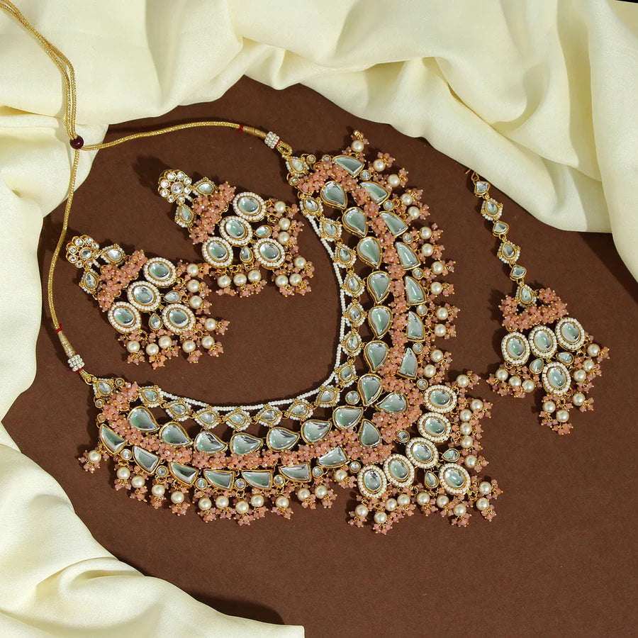 Necklace Set Women Bridal Wedding Party Wear Peach Color Kundan Fine Moti Embellishments Jewelry