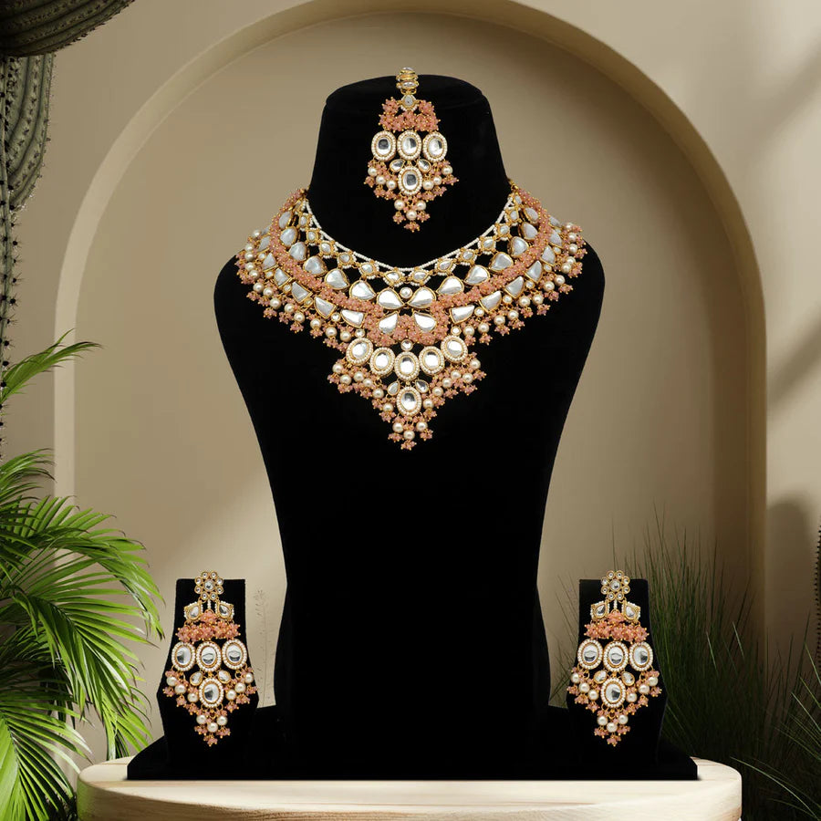 Necklace Set Women Bridal Wedding Party Wear Peach Color Kundan Fine Moti Embellishments Jewelry