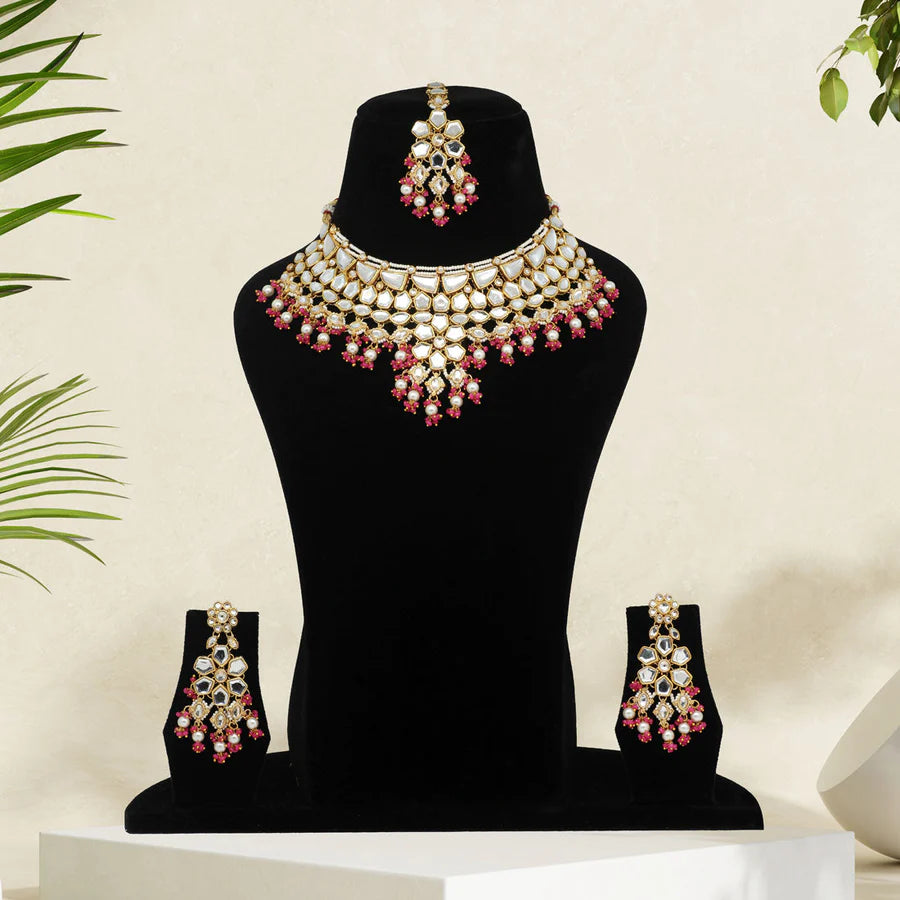 Rani Color Kundan Wedding Party Gift Necklace Sets for Newley Wed Brides