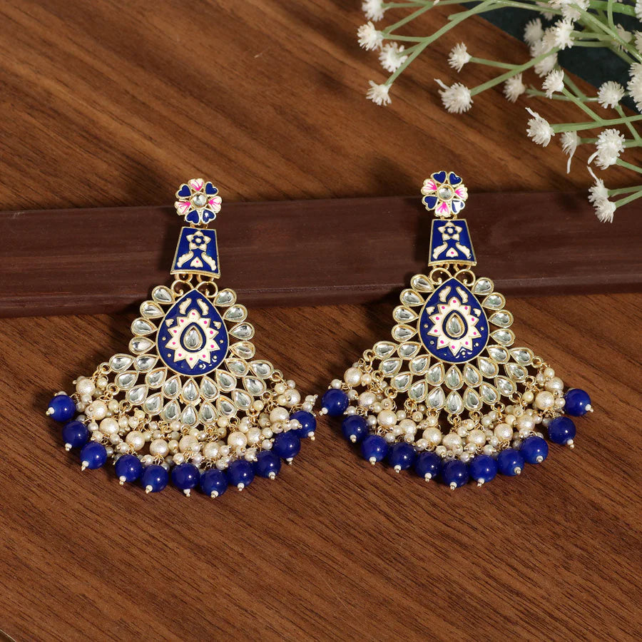 Meenakari Kundan & Imitation Pearls Jharoka Earrings Gold Plated Dangler Design Party Mehndi Wedding Eid Jewelry