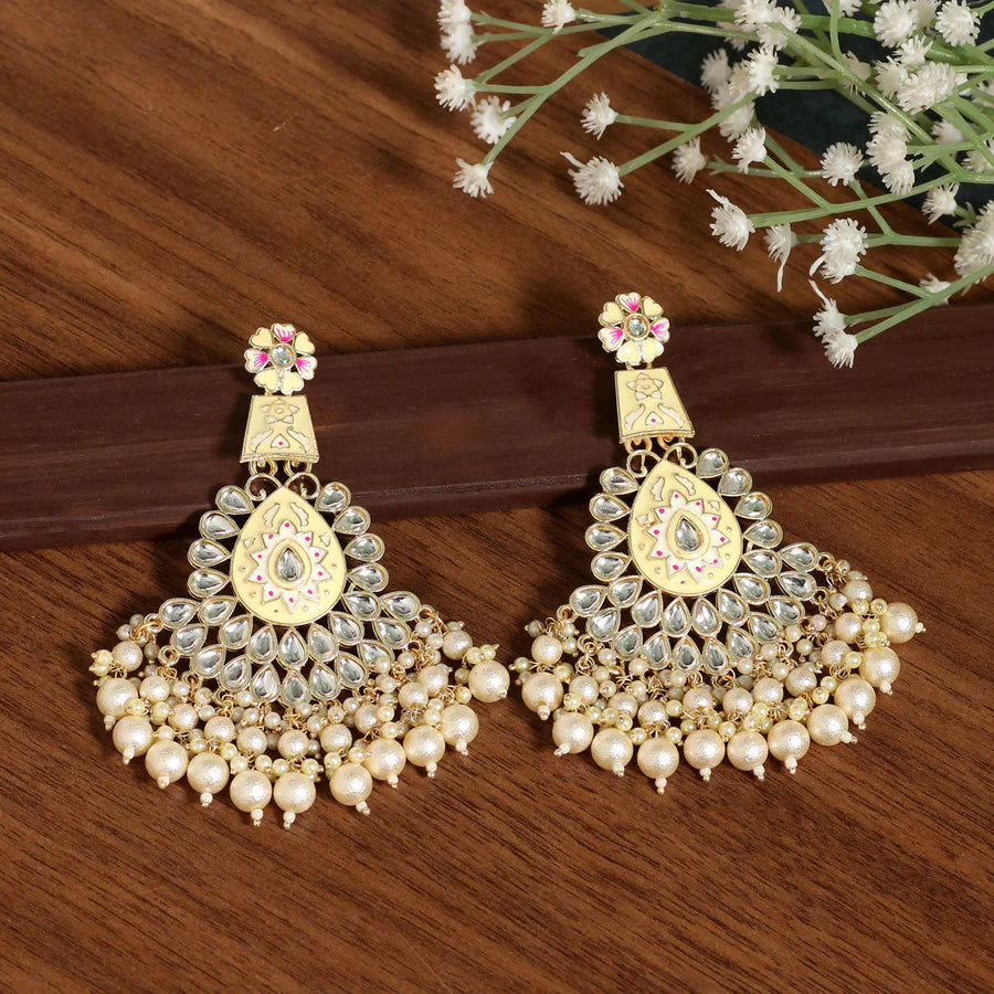 Meenakari Kundan & Imitation Pearls Jharoka Earrings Gold Plated Dangler Design Party Mehndi Wedding Eid Jewelry