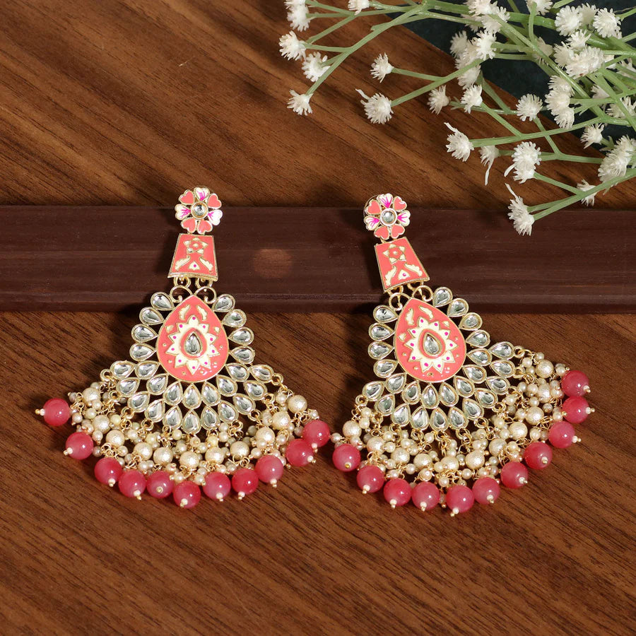 Meenakari Kundan & Imitation Pearls Jharoka Earrings Gold Plated Dangler Design Party Mehndi Wedding Eid Jewelry