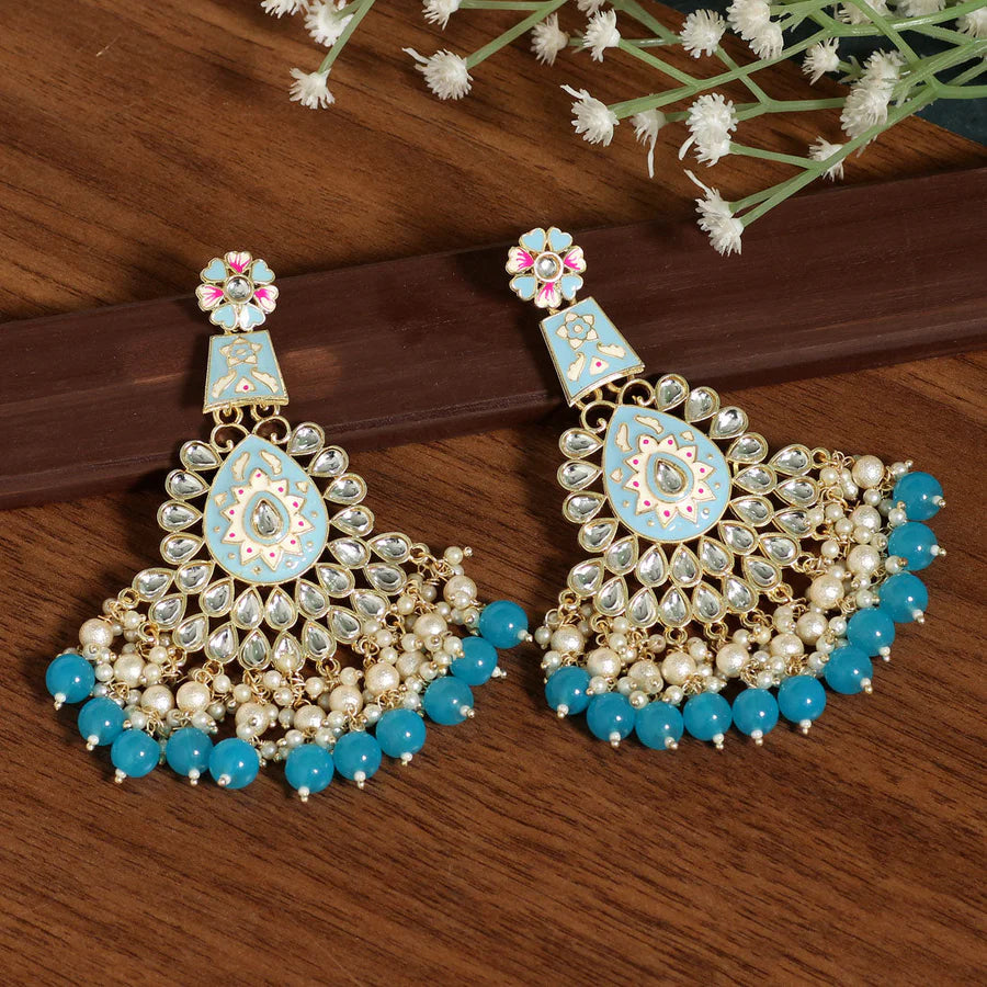 Meenakari Kundan & Imitation Pearls Jharoka Earrings Gold Plated Dangler Design Party Mehndi Wedding Eid Jewelry