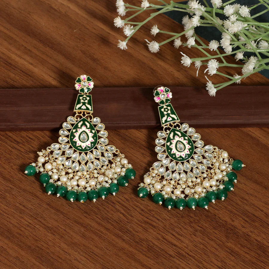 Meenakari Kundan & Imitation Pearls Jharoka Earrings Gold Plated Dangler Design Party Mehndi Wedding Eid Jewelry