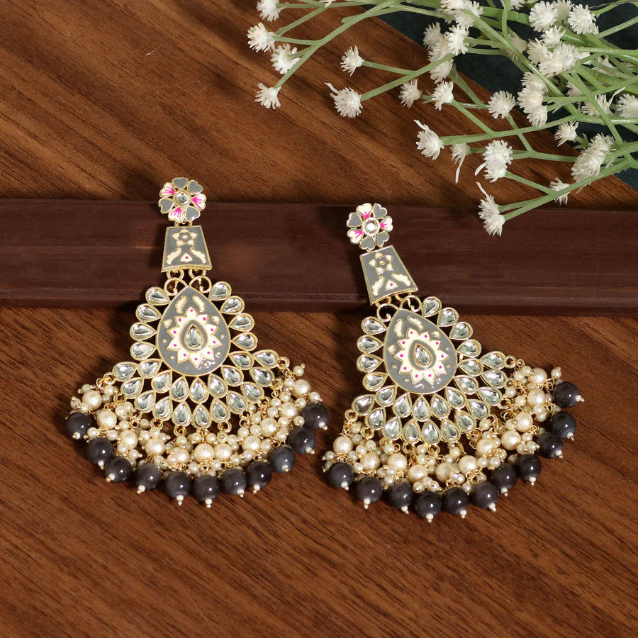 Meenakari Kundan & Imitation Pearls Jharoka Earrings Gold Plated Dangler Design Party Mehndi Wedding Eid Jewelry