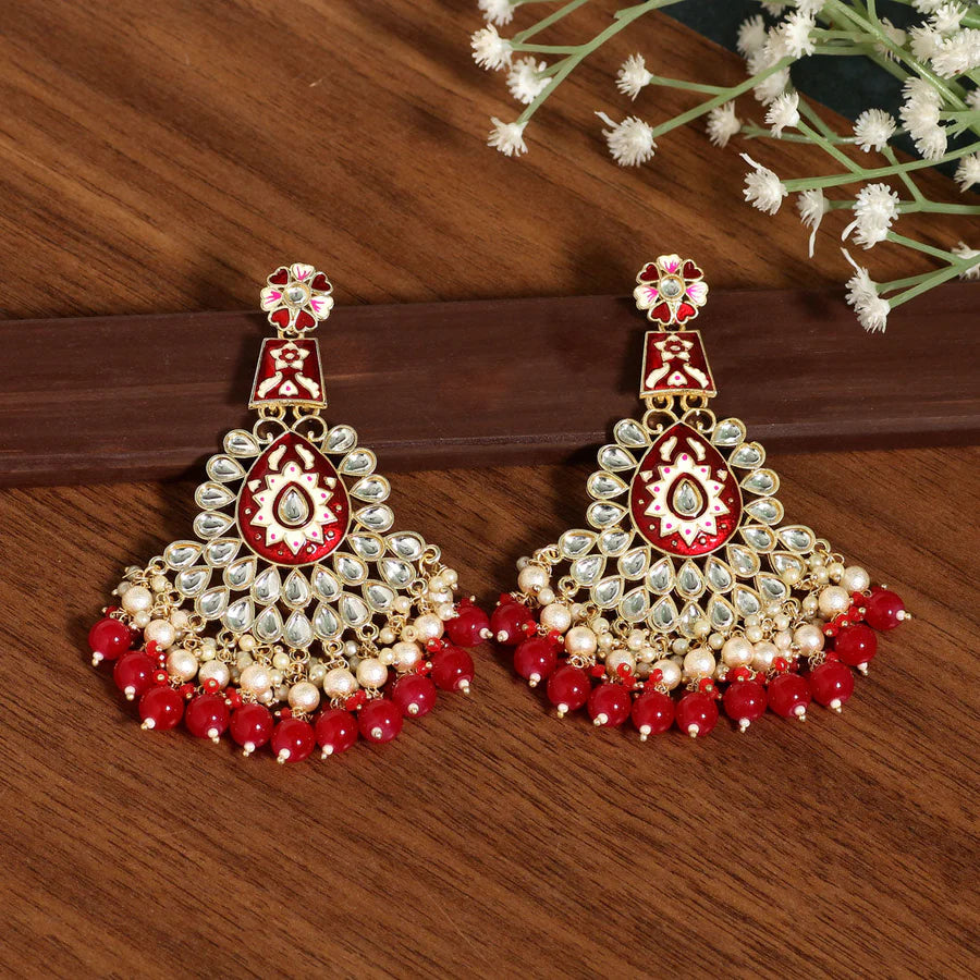 Meenakari Kundan & Imitation Pearls Jharoka Earrings Gold Plated Dangler Design Party Mehndi Wedding Eid Jewelry